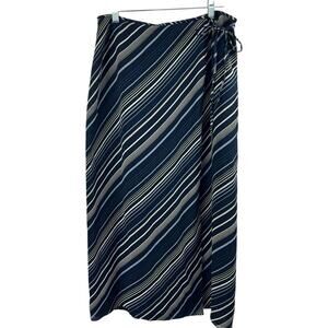 Emanuel Ungaro Navy Blue Silk Wrap Maxi Skirt Size 8 UK 42 Striped Long
